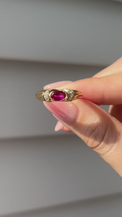 Vintage 18k East West Oval Ruby and Diamond Ring: US Size 6.5