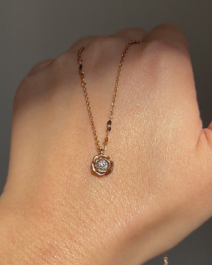 Vintage 18k Pink Gold Rose Flower Diamond Pendant Chain
