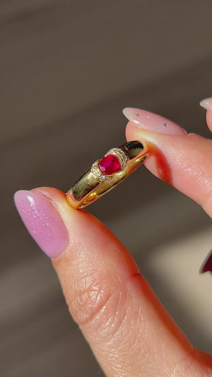 Vintage 18k East West Oval Ruby Half Bezel Ring: US Size 8.25