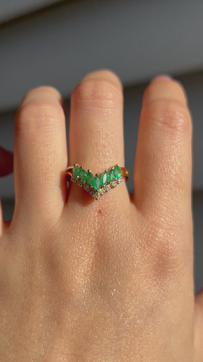 Vintage 18k Emerald Marquise and Diamond Chevron Ring: US Size 6