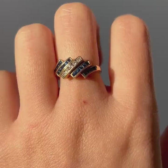 Vintage Art Deco Inspired 18k Gold Diamond & Sapphire Ring - Geometric Zig Zag Design