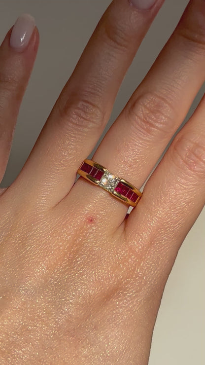 Vintage 18k Gold Center Princess Cut Diamond Ring with Channel Set Baguette Rubies