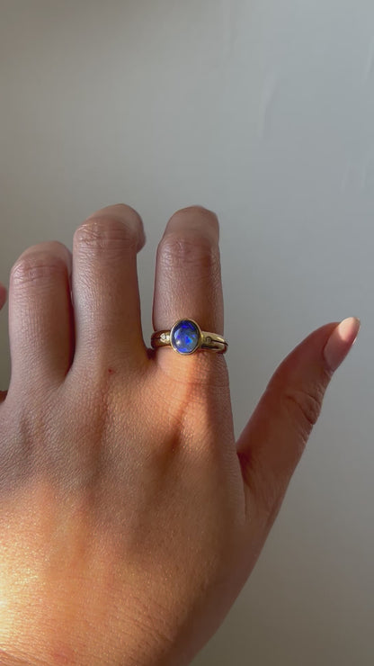 Stunning Black/Blue Opal Bezel Set Ring: Size 6.5 US