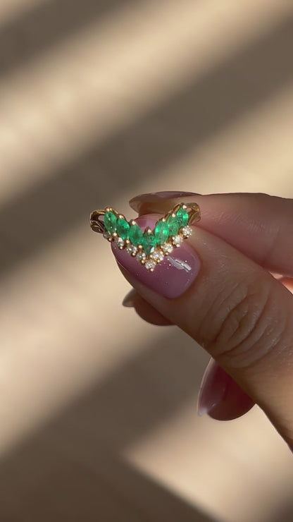 Vintage 18k Emerald Marquise and Diamond Chevron Ring: US Size 6