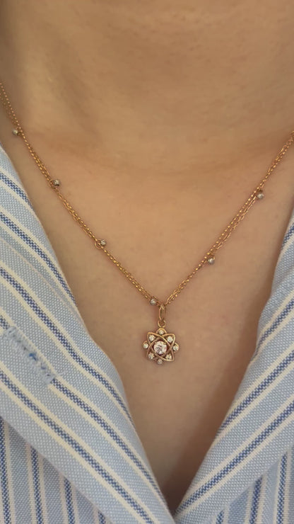 Vintage 18k Rose Gold Multi Diamonds Flower Pendant Chain
