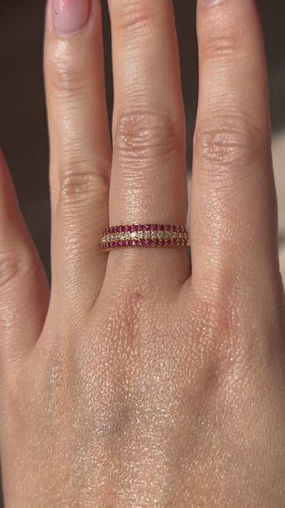 Vintage 18k Triple Row Diamond and Ruby Ring: US Size 5.75