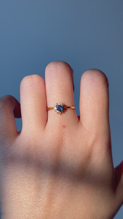Vintage 18k Heart Sapphire Ring: Diamond Halo, Size 6