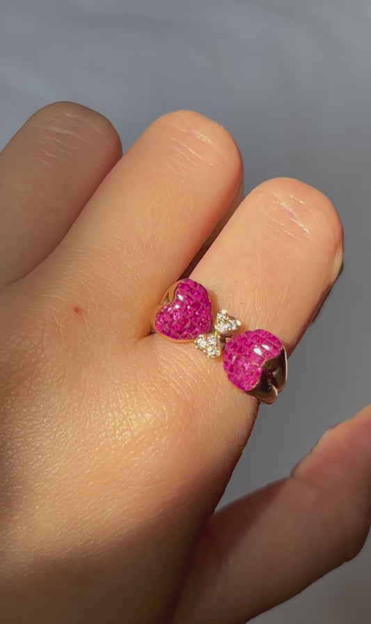 Vintage 18k Invisible Set Ruby Heart-Winged Butterfly Ring: Size 6.75