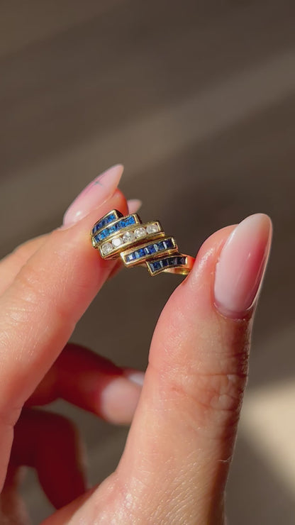 Vintage Art Deco Inspired 18k Gold Diamond & Sapphire Ring - Geometric Zig Zag Design