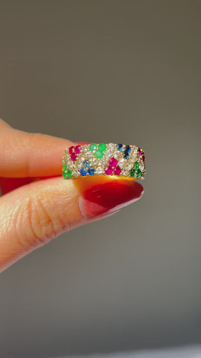 Vintage 18k Ruby Emerald Sapphire and Diamond Pave Ring