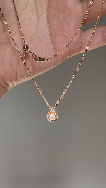 Vintage 18k Pink Gold Rose Flower Diamond Pendant Chain