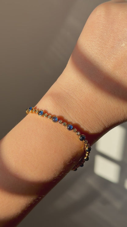 Vintage 18k Gold Bezel Set Sapphire Cabochon and Diamond Bracelet