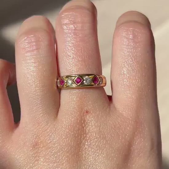 Vintage 18k 50-60’s Art Deco revival geometric ruby and diamond ring