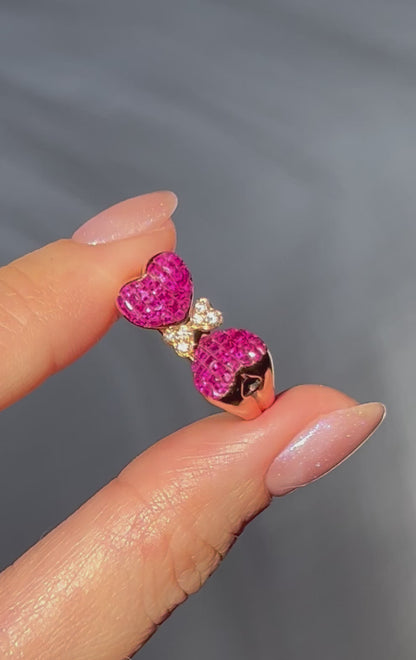 Vintage 18k Invisible Set Ruby Heart-Winged Butterfly Ring: Size 6.75