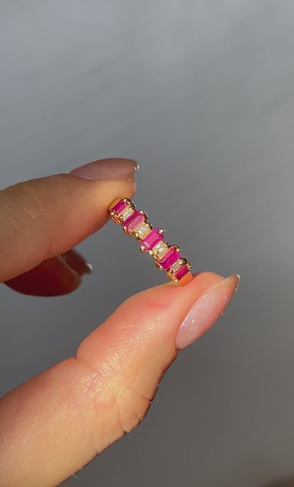 Vintage 18k Baguette Cut Ruby and Diamond Ring