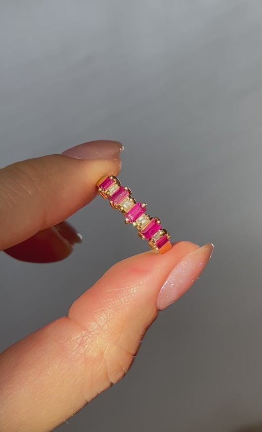 Vintage 18k Baguette Cut Ruby and Diamond Ring