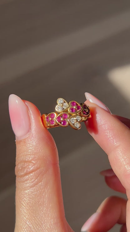 Vintage 18k Heart Bypass Ring: Rubies and Diamonds, US Size 6