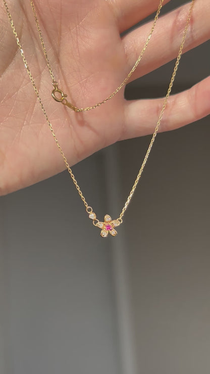 Vintage 18k Gold Dainty Diamond and Ruby Flower Pendant Chain