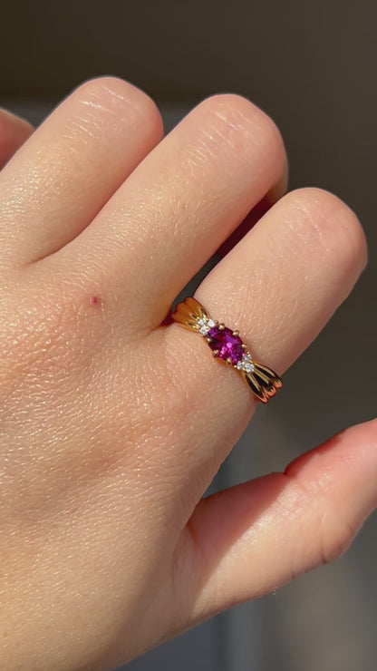 Vintage 18k Gold Rhodolite Garnet Ring with Diamond Accents, by Japanese designer Tasaki