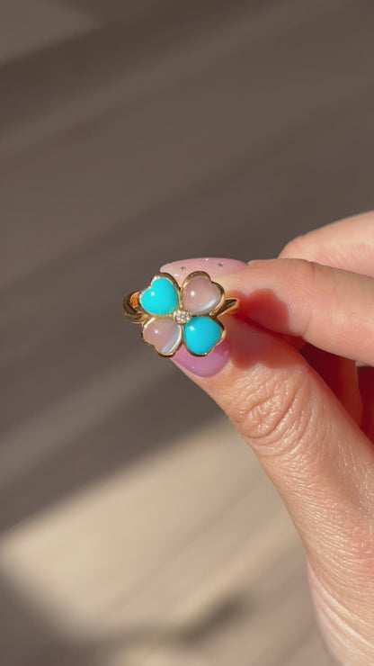 Vintage 18k Moonstone and Turquoise Four-Leaf Clover Ring