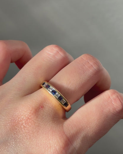 Vintage 18k Gold Step-Cut Square Diamond and Sapphire Channel Set Stackable Ring