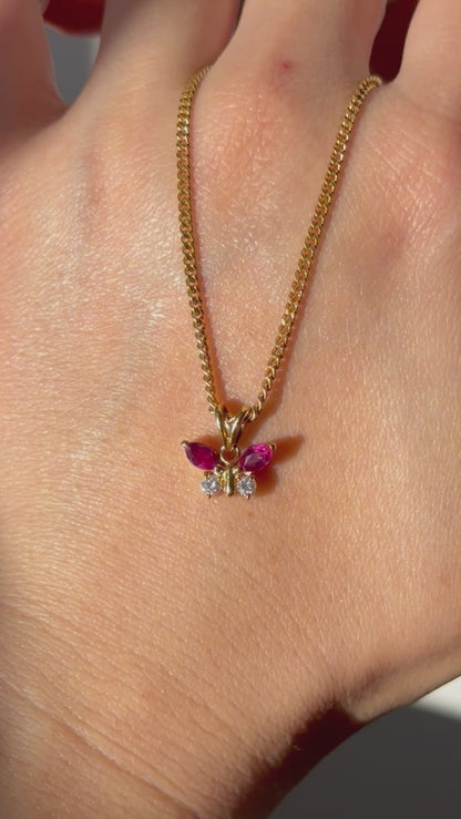 Dainty Vintage 18k Gold Ruby Marquise and Diamond Butterfly Motif Charm Pendant