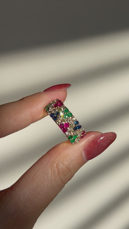 Vintage 18k Ruby Emerald Sapphire and Diamond Pave Ring