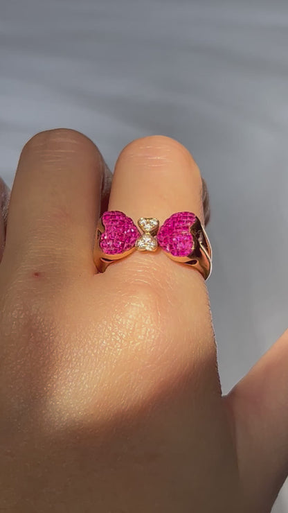 Vintage 18k Invisible Set Ruby Heart-Winged Butterfly Ring: Size 6.75