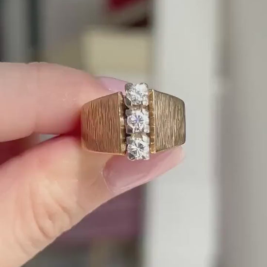 Vintage 14k Yellow Gold Diamond Ring: Vertical Modernist Design, Size 5.5