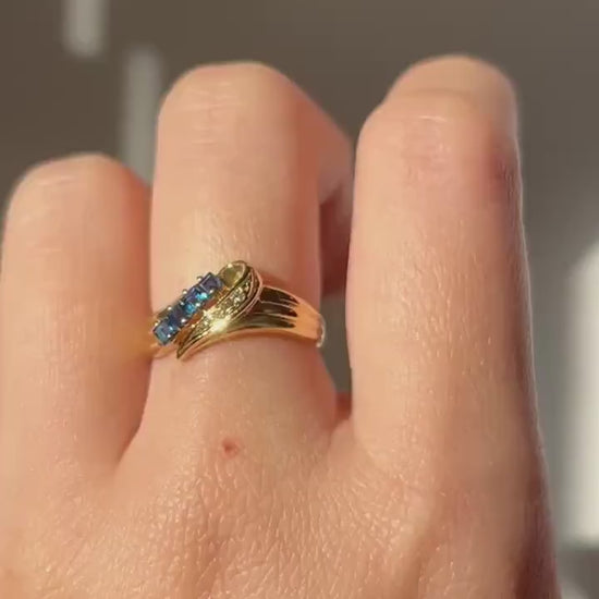 Vintage 18k Gold Sapphire and Diamond Diagonal Ring: Stacking Ring, September Birthstone, US Size 4.75