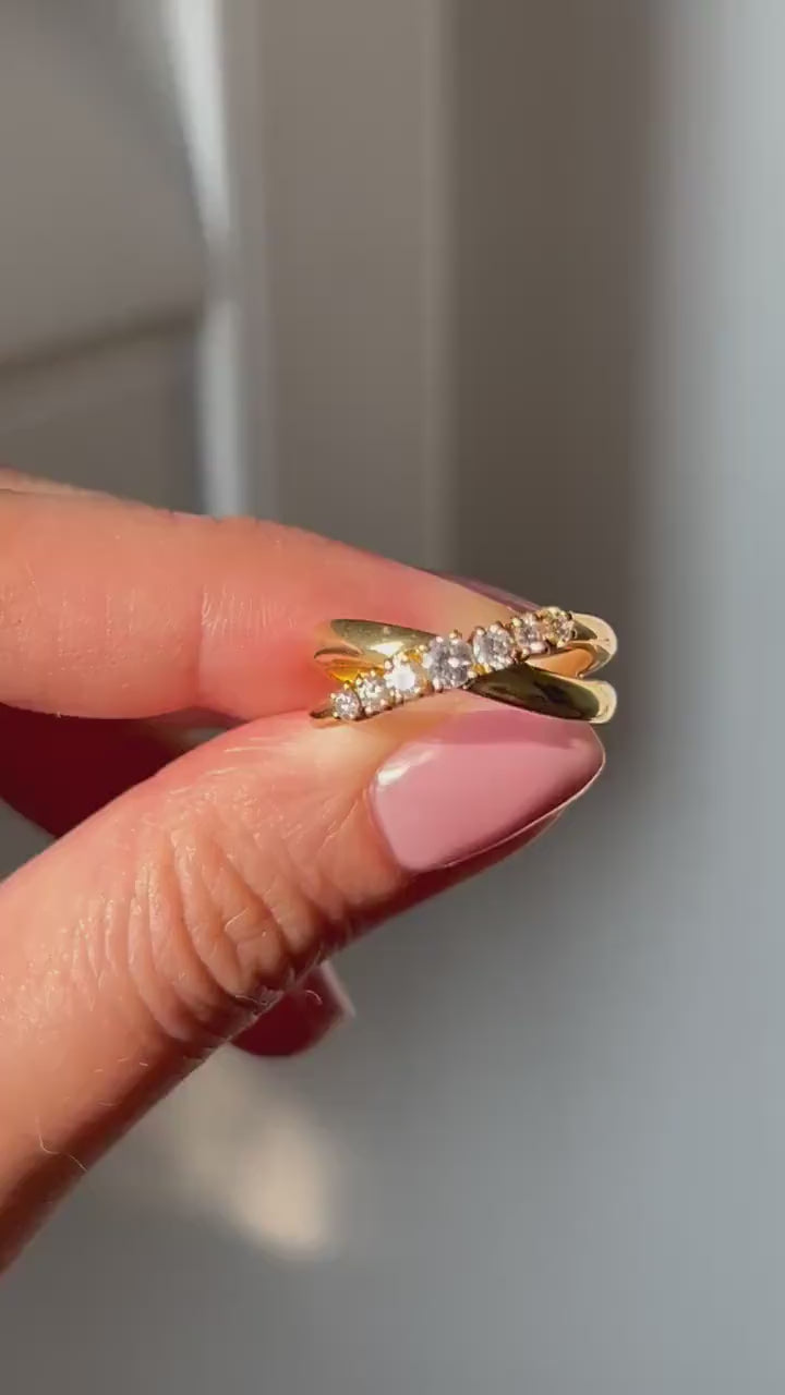 Vintage 18k Yellow Gold Criss Cross Diamond Ring: By Japanese designer Mikimoto, Size 5.75