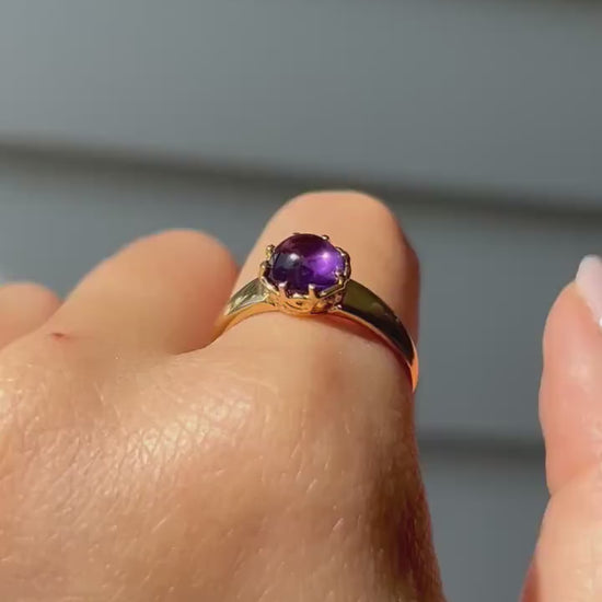 Vintage 18k Solid Yellow Gold Purple Amethyst Cabochon Ring, February Birthstone, Size 7.75