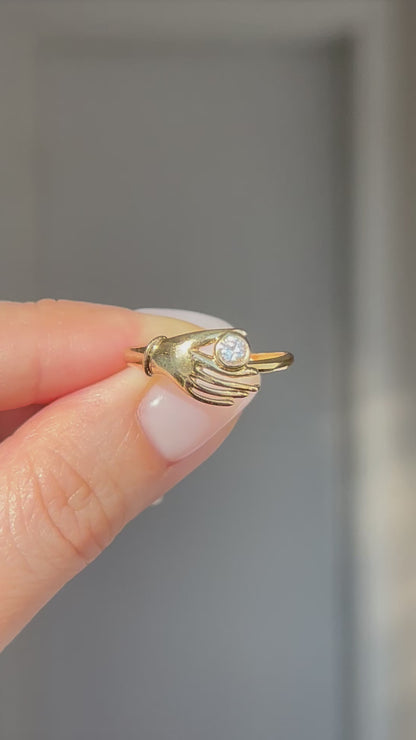 Vintage 18k Gold Hand Motif Ring with a Center Cubic Zirconia