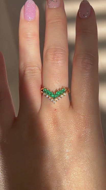 Vintage 18k Emerald Marquise and Diamond Chevron Ring: US Size 6
