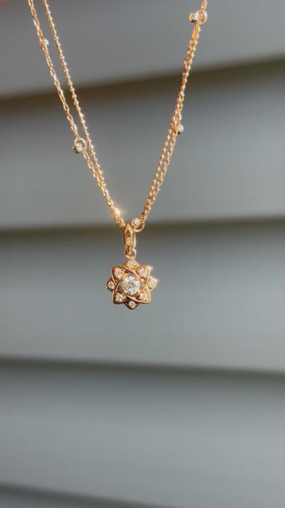 Vintage 18k Rose Gold Multi Diamonds Flower Pendant Chain