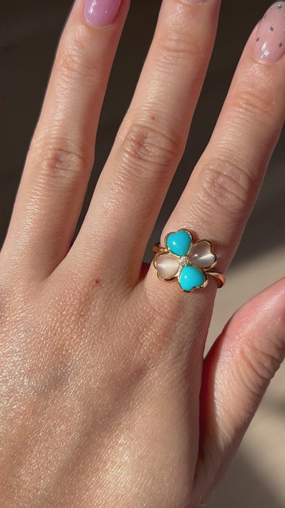 Vintage 18k Moonstone and Turquoise Four-Leaf Clover Ring