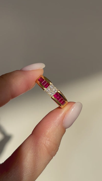 Vintage 18k Gold Center Princess Cut Diamond Ring with Channel Set Baguette Rubies