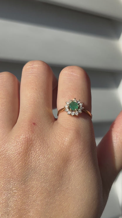 Vintage 18k Round Emerald Diamond Halo Ring