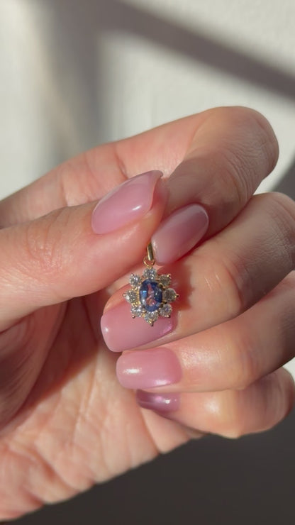 Vintage 18k Gold Medium Blue Oval Sapphire Diamond Halo Pendant