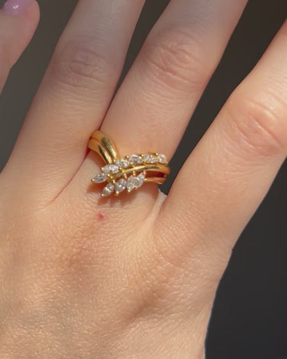 Vintage 18k Gold Marquise Cut Diamond Chevron Ring - Size 5.25 - Leaf Spray Motif