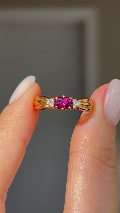 Vintage 18k Gold Rhodolite Garnet Ring with Diamond Accents, by Japanese designer Tasaki