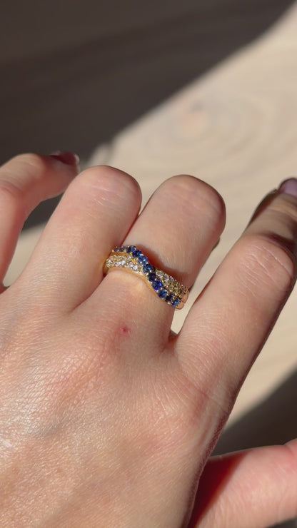 Vintage 18k Gold Pave Sapphire and Diamond Crossover Dome Ring
