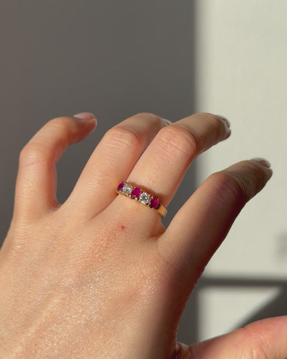 Vintage 18k Oval Ruby and Round Diamond Chunky Band Stackable Ring