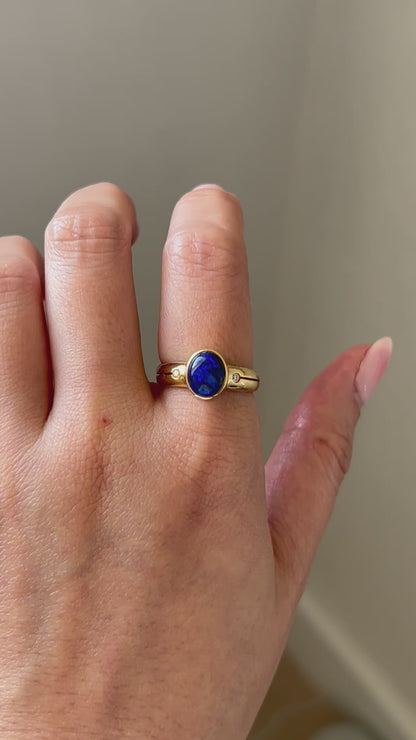 Stunning Black/Blue Opal Bezel Set Ring: Size 6.5 US