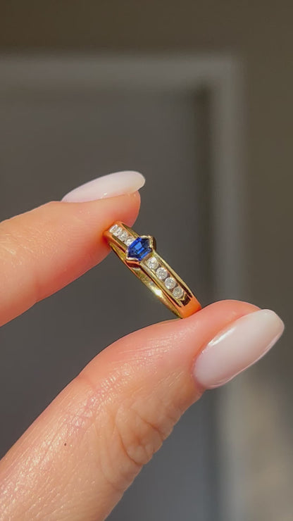 Vintage 18k Shield Step Cut Blue Sapphire Ring with Channel Set Diamonds