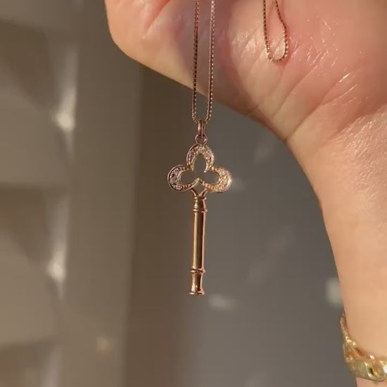 Vintage 18k Rose Gold Diamond Key Pendant Necklace - Adjustable Box Chain