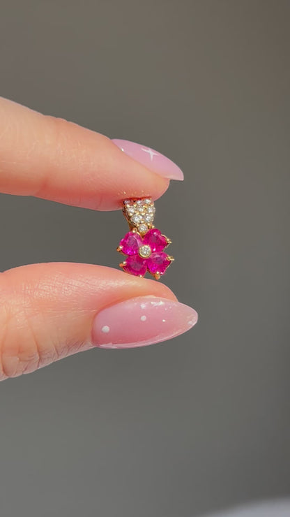 Vintage 18k Gold Heart Ruby Clover Pendant — Open Diamond Bail