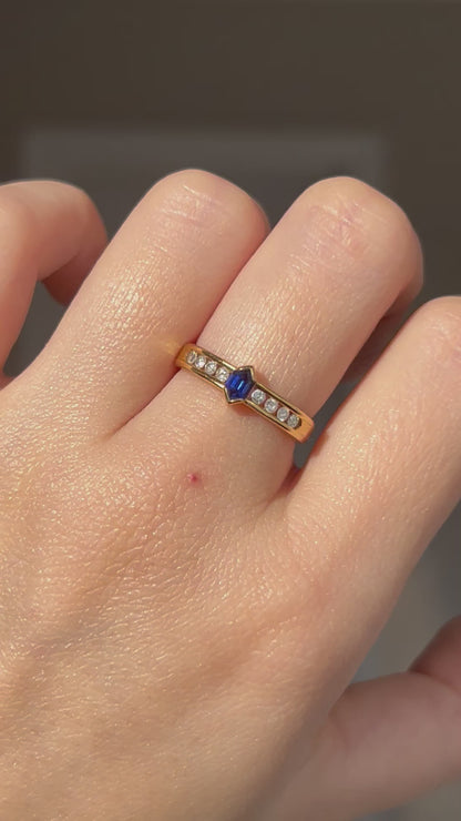 Vintage 18k Shield Step Cut Blue Sapphire Ring with Channel Set Diamonds