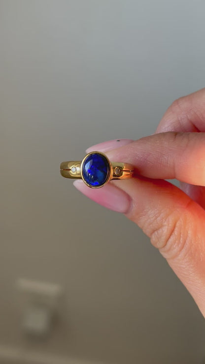 Stunning Black/Blue Opal Bezel Set Ring: Size 6.5 US