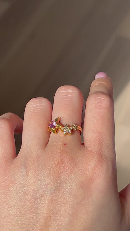 Vintage 18k Gold Pink Sapphire & Diamond Star Celestial Ring - Size 5.25